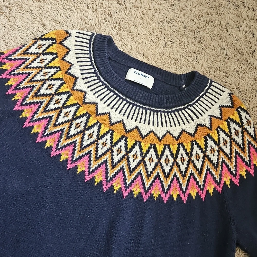 Old Navy Nordic Sweater Navy Blue Fair Isle Long Sleeves Knit - Size Large - Picture 2 of 3